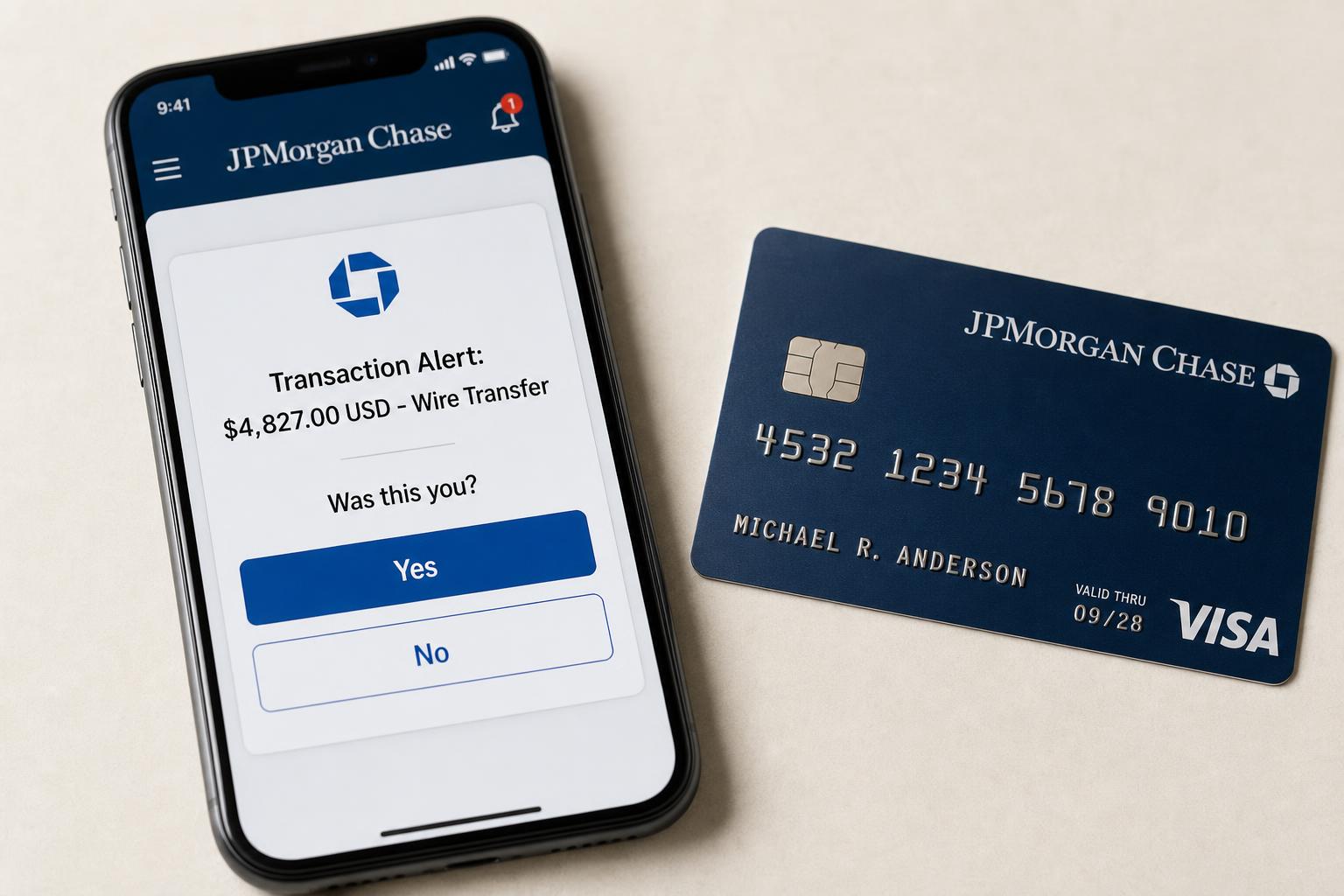 Smartphone con notificación bancaria y tarjeta sobre fondo claro